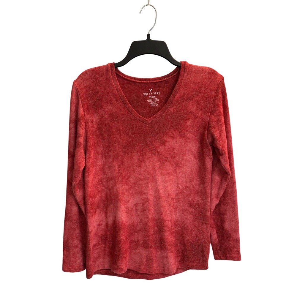 American Eagle Soft & Sexy Plush Red Acid Wash V-Neck Long Sleeve Top L